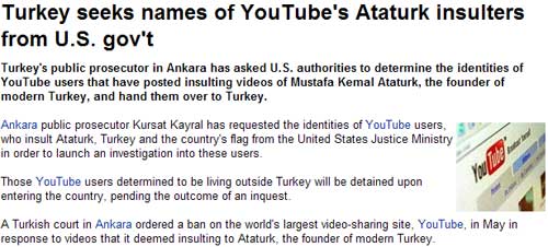 Turkey seeks names of YouTube's Ataturk insulters from U.S. gov't article